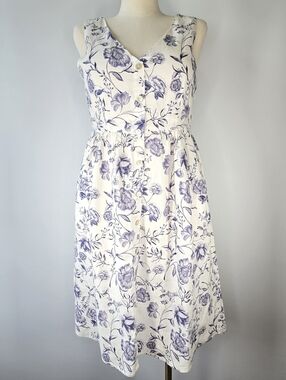 Cynthia Rowley 100% Linen White Blue Floral Sleeveless V Neck Midi Dress Size 10